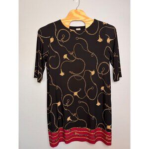 Chico's Shift Geometric Chain Print Black%Red Midi Dress 3/4 Sleeve Size 3